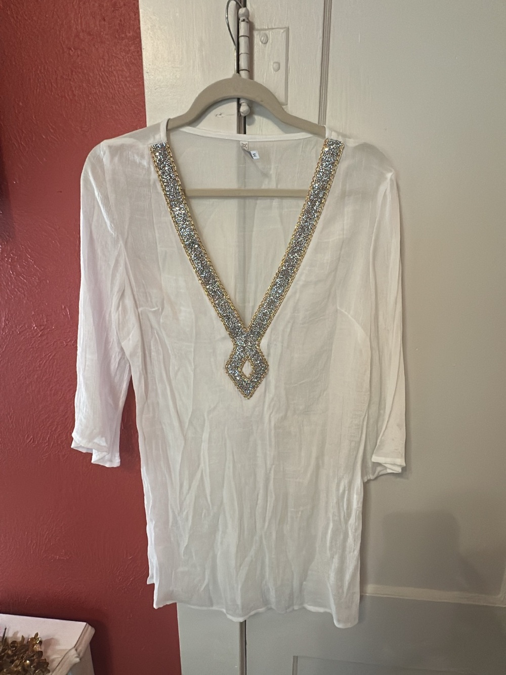 Embellished V-Neck White Women's Tunic Top
